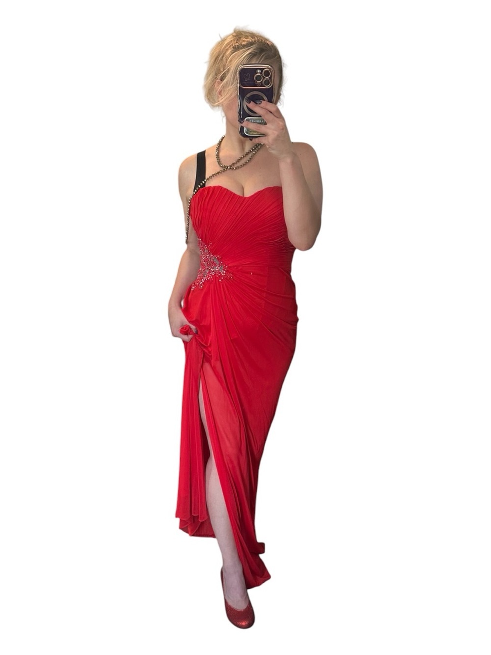 Y2K Vibes Xscape Red Strapless Maxi Gown with Beaded Side Detail Size 4